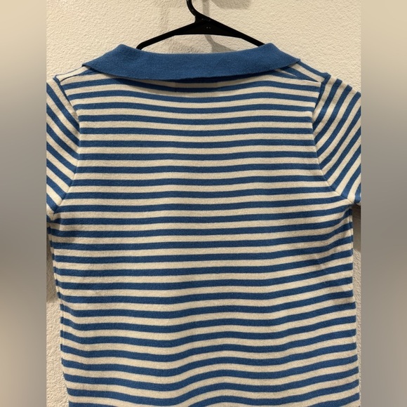 Oak + Fort Knit Blue White Striped Cropped Collared Short Sleeve Tee Size Small - Picture 10 of 14